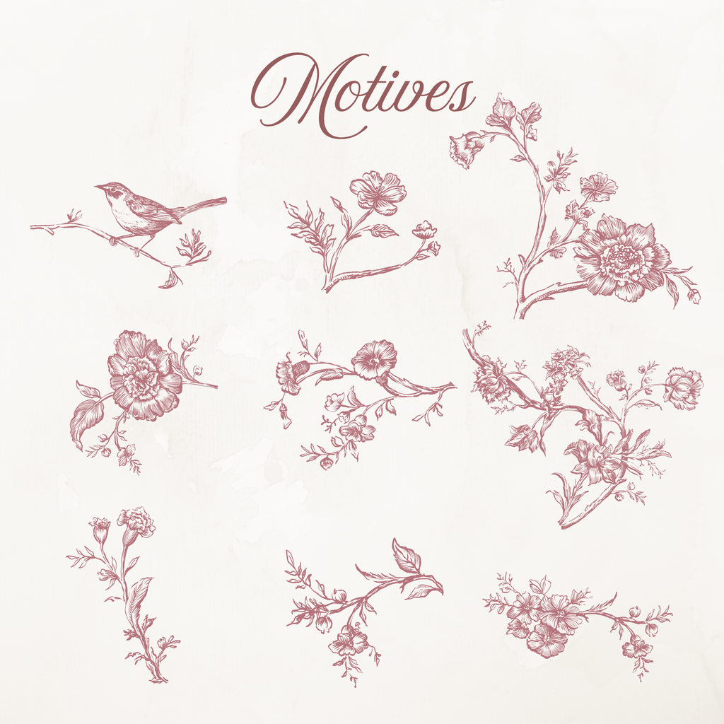 Rococo Affair Pink Toile Botanical Illustration Set PNG & SVG