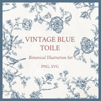 Rococo Affair Blue Toile Botanical Illustration Set PNG & SVG