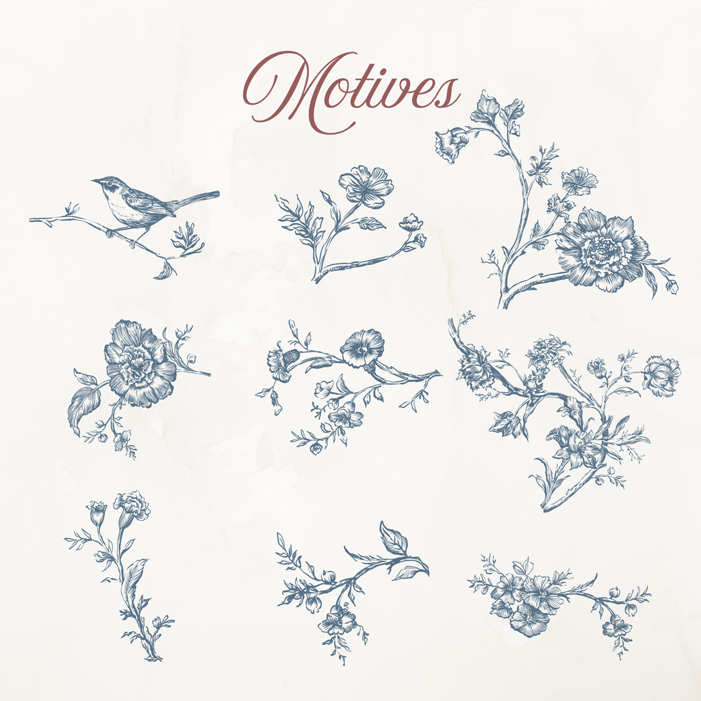 Rococo Affair Blue Toile Botanical Illustration Set PNG & SVG