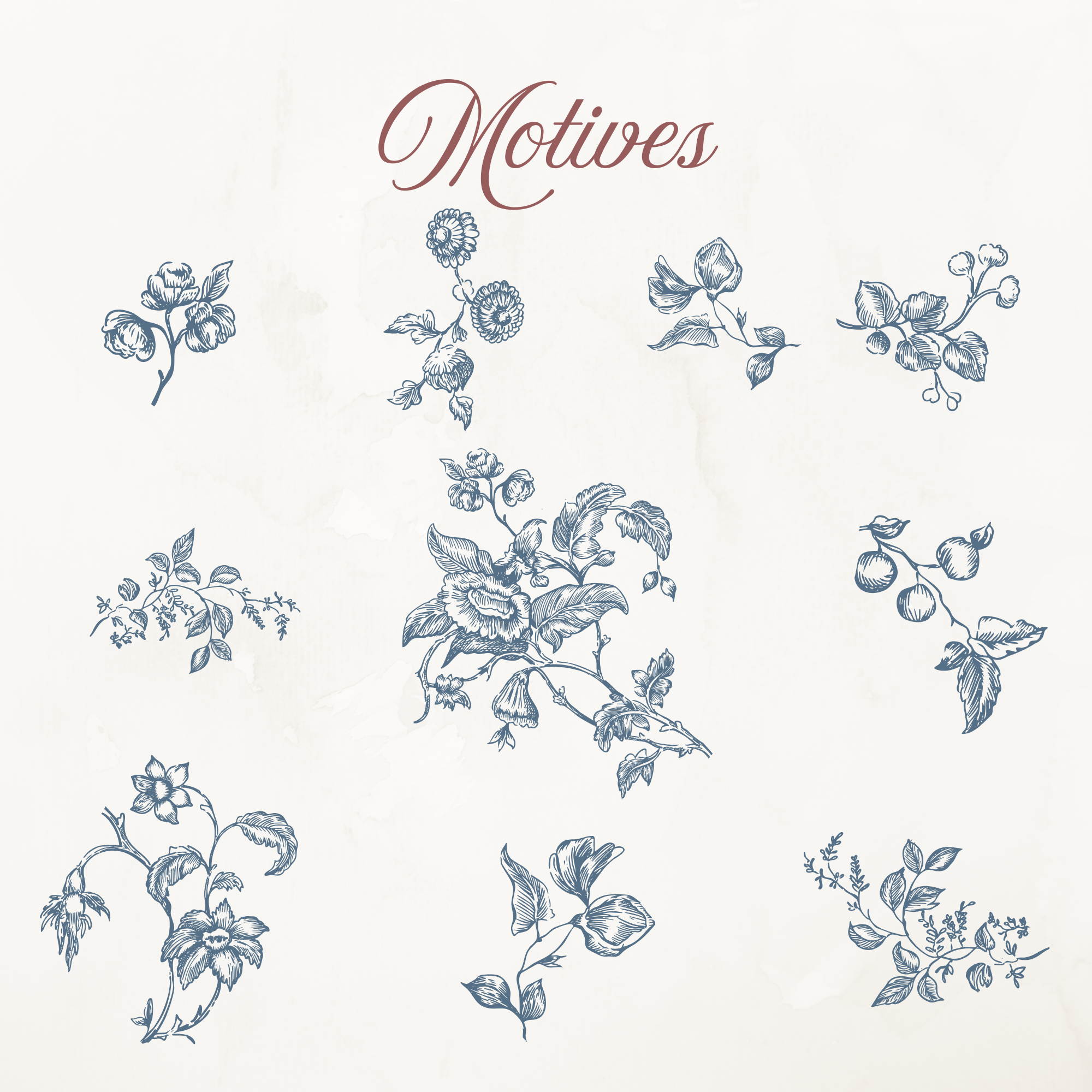 Vintage European Blue Botanical Illustration Set PNG & SVG