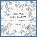 Vintage European Blue Botanical Illustration Set PNG & SVG