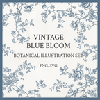 Vintage European Blue Botanical Illustration Set PNG & SVG