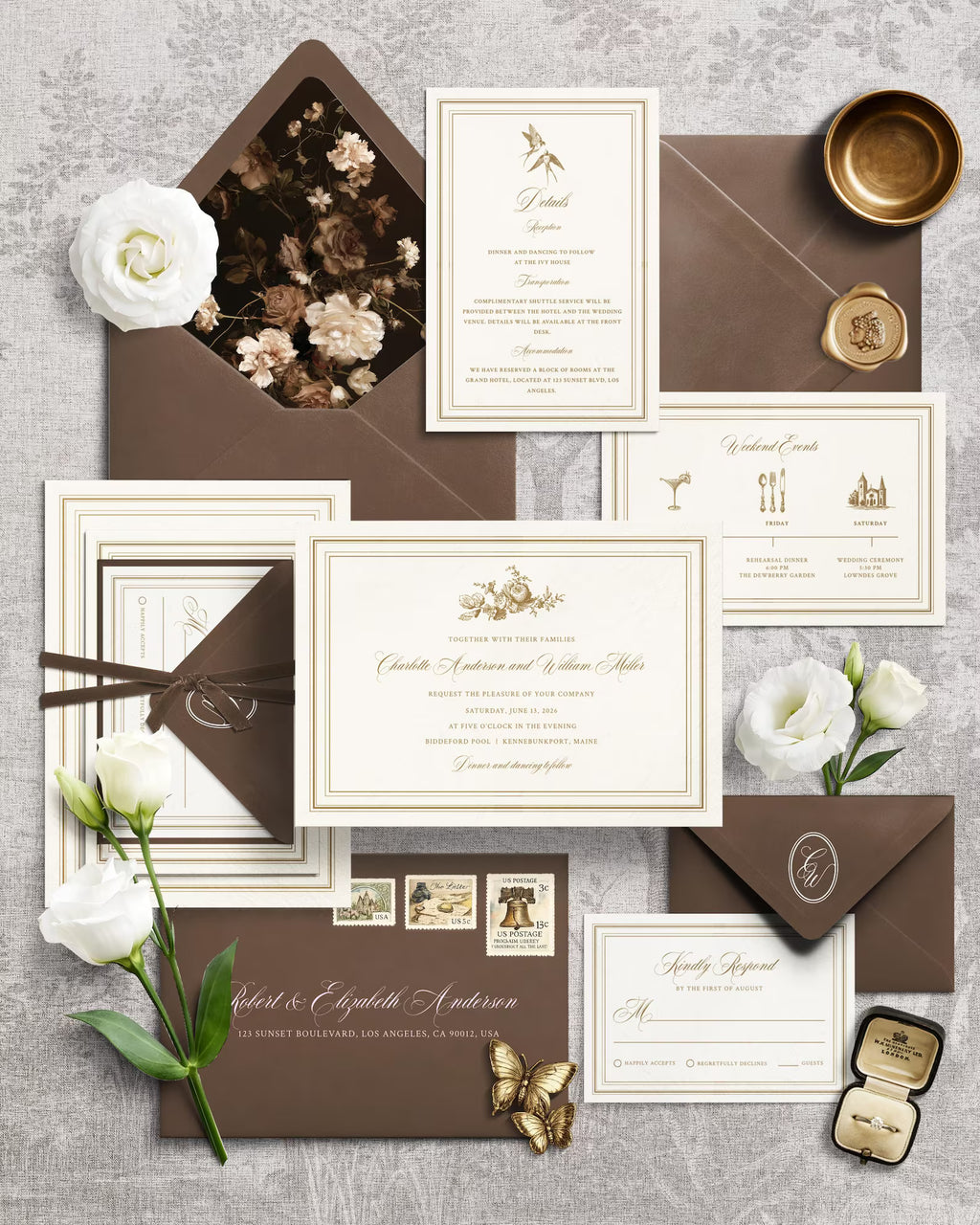 Antique Gold Floral Wedding Invitation Canva Template