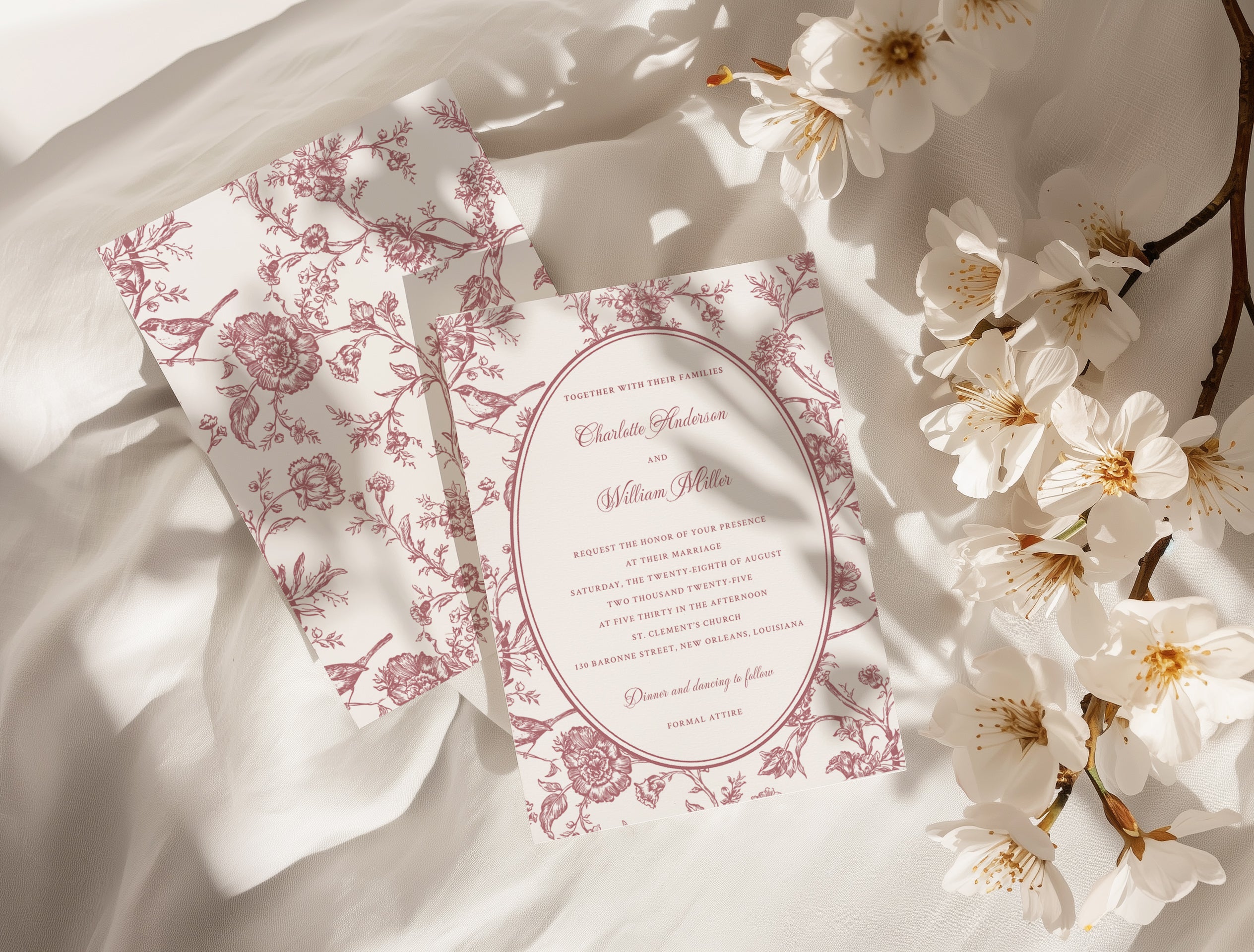 Rococo Affair Pink Toile Botanical Illustration Set PNG & SVG