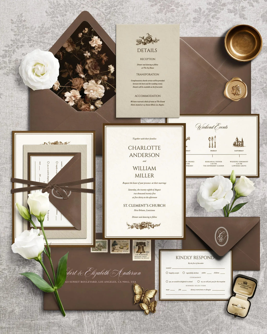 Classic Brown Floral Wedding Invitation Canva Template