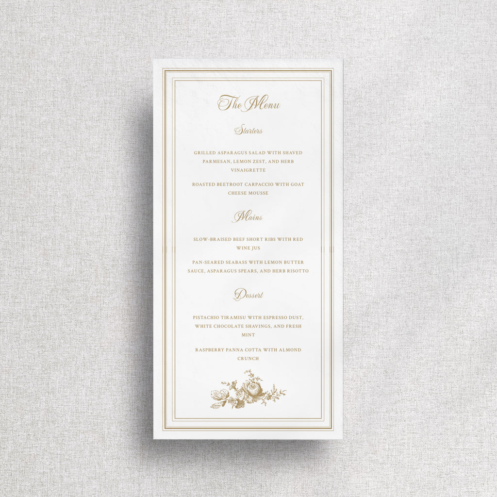 Classic Gold Floral Wedding Menu Canva Template