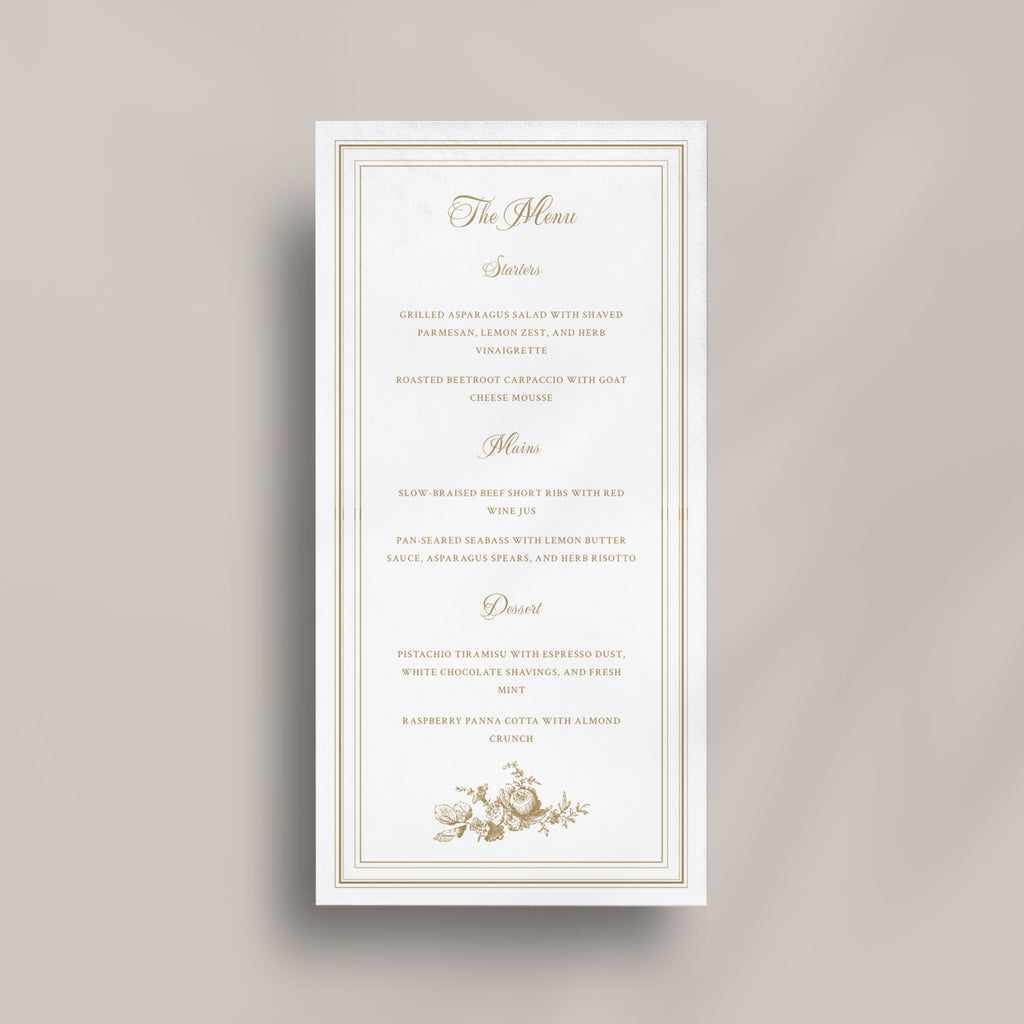 Classic Gold Floral Wedding Menu Canva Template
