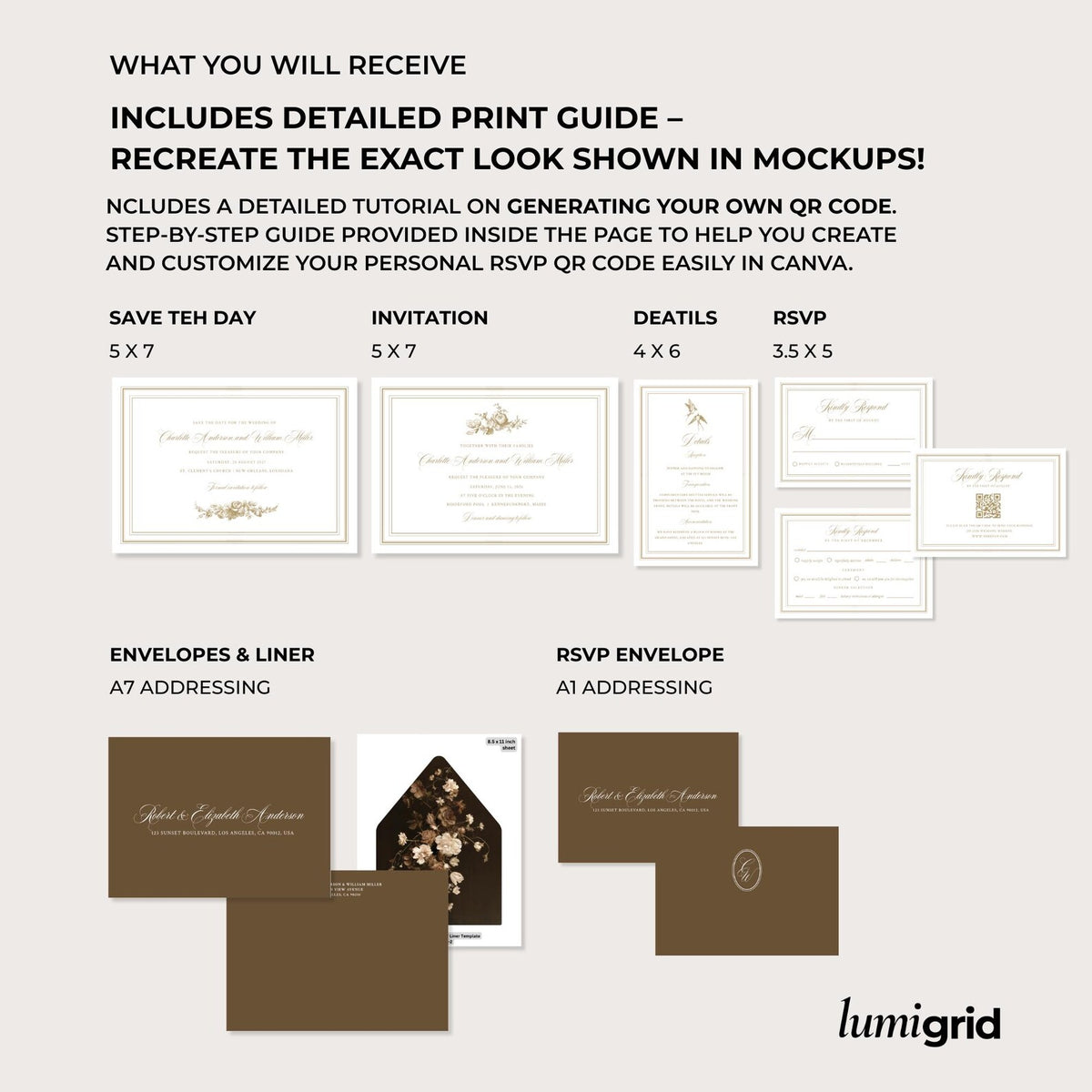 Antique Gold Floral Wedding Invitation Canva Template