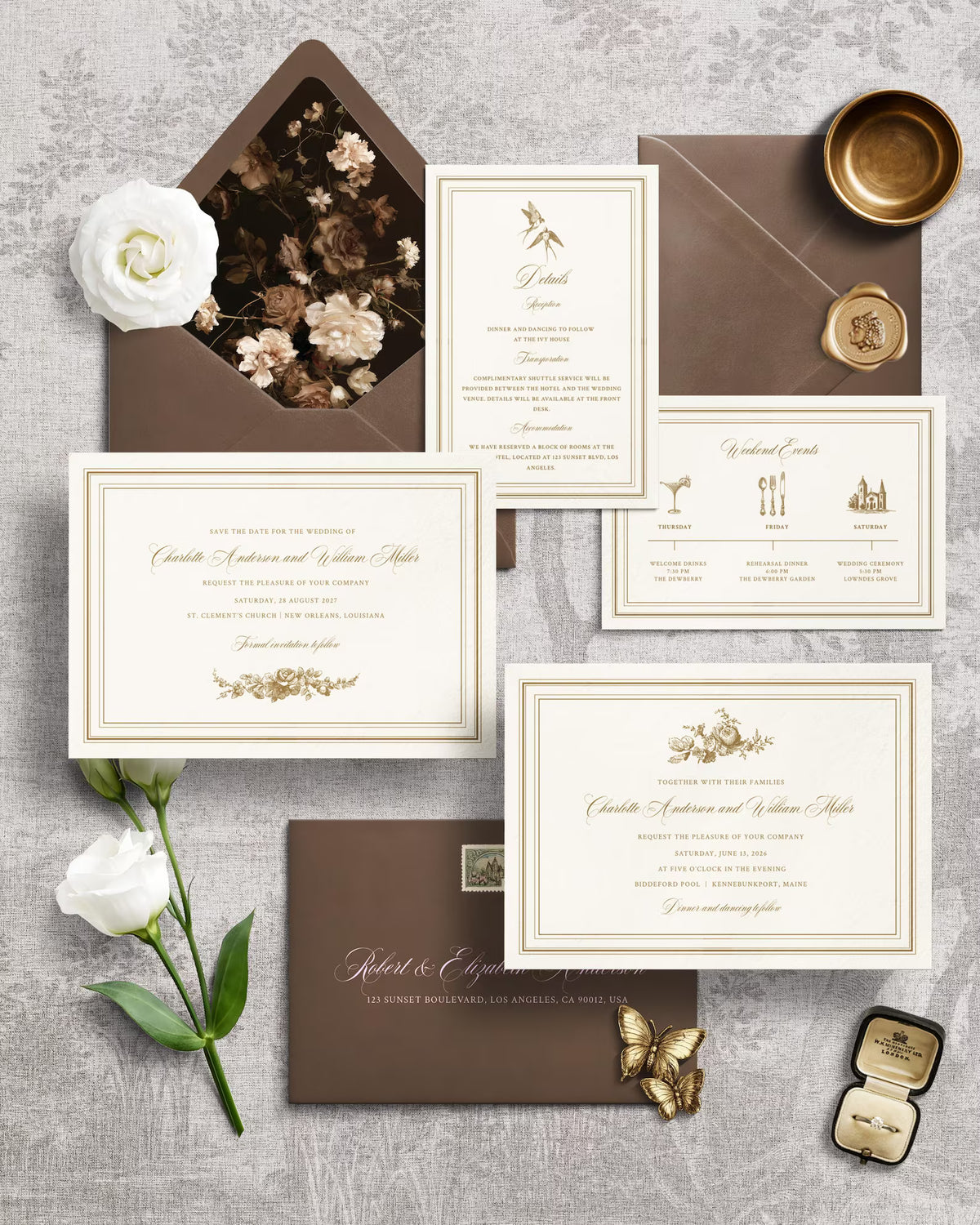 Antique Gold Floral Wedding Invitation Canva Template