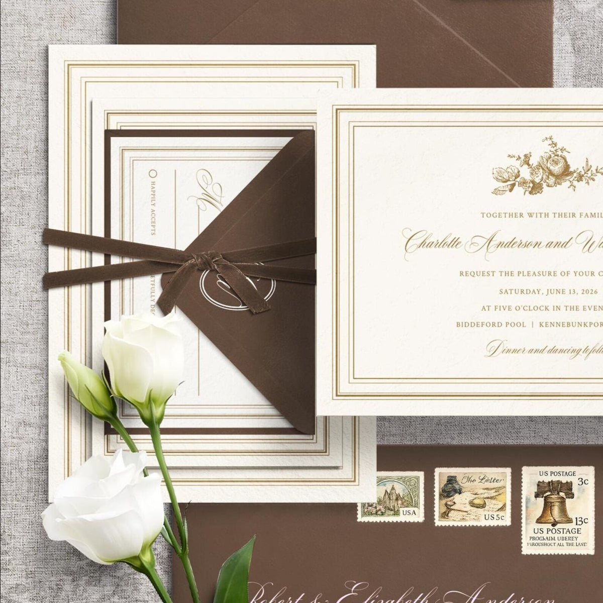 Antique Gold Floral Wedding Invitation Canva Template