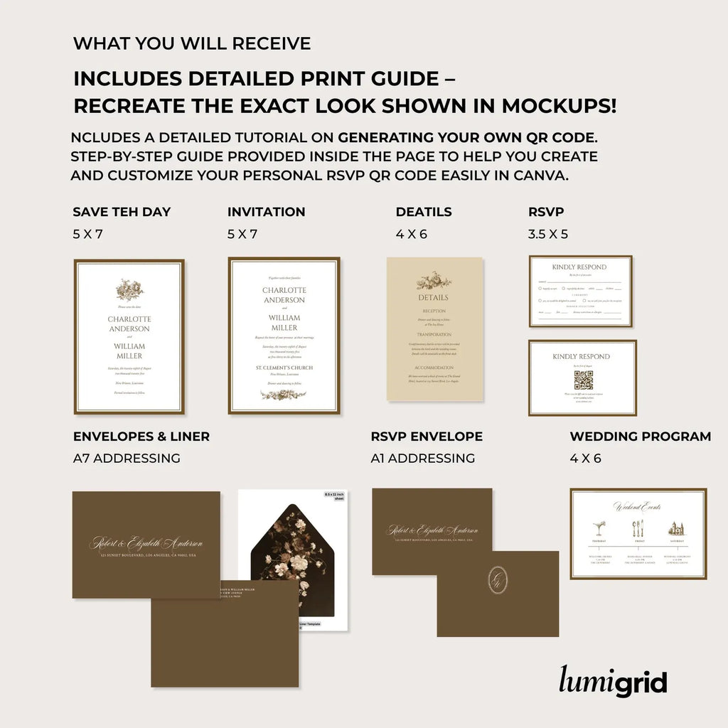 Classic Brown Floral Wedding Invitation Canva Template