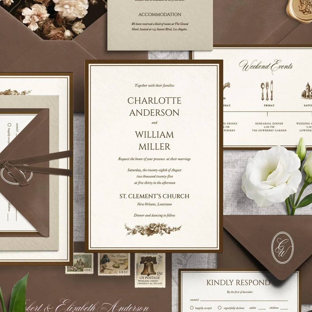 Classic Brown Floral Wedding Invitation Canva Template