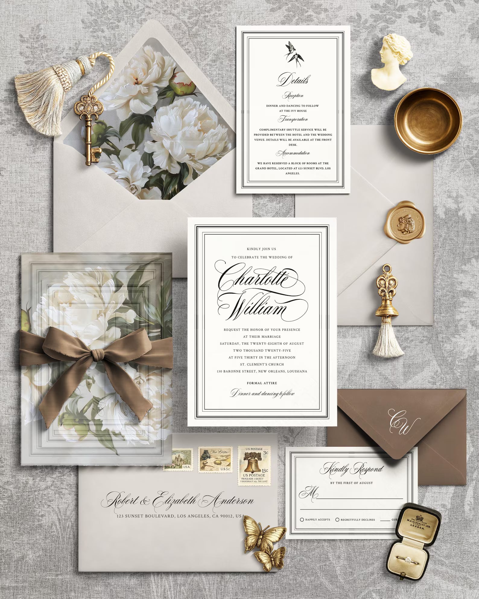 Ivory Peony Classic Wedding Invitation Template