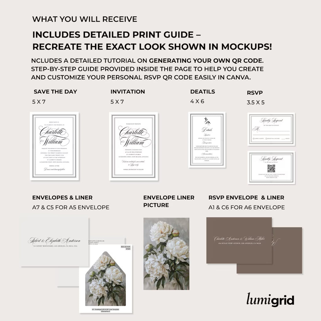 Ivory Peony Classic Wedding Invitation Template