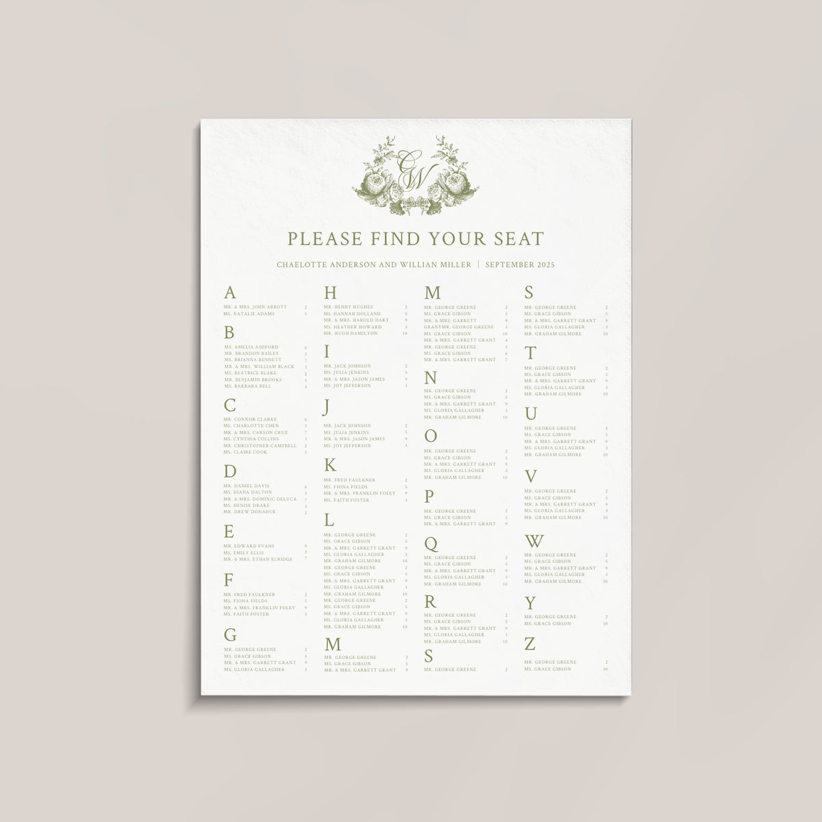 Olive Ivy Alphabetical Wedding Seating Chart Canva Template