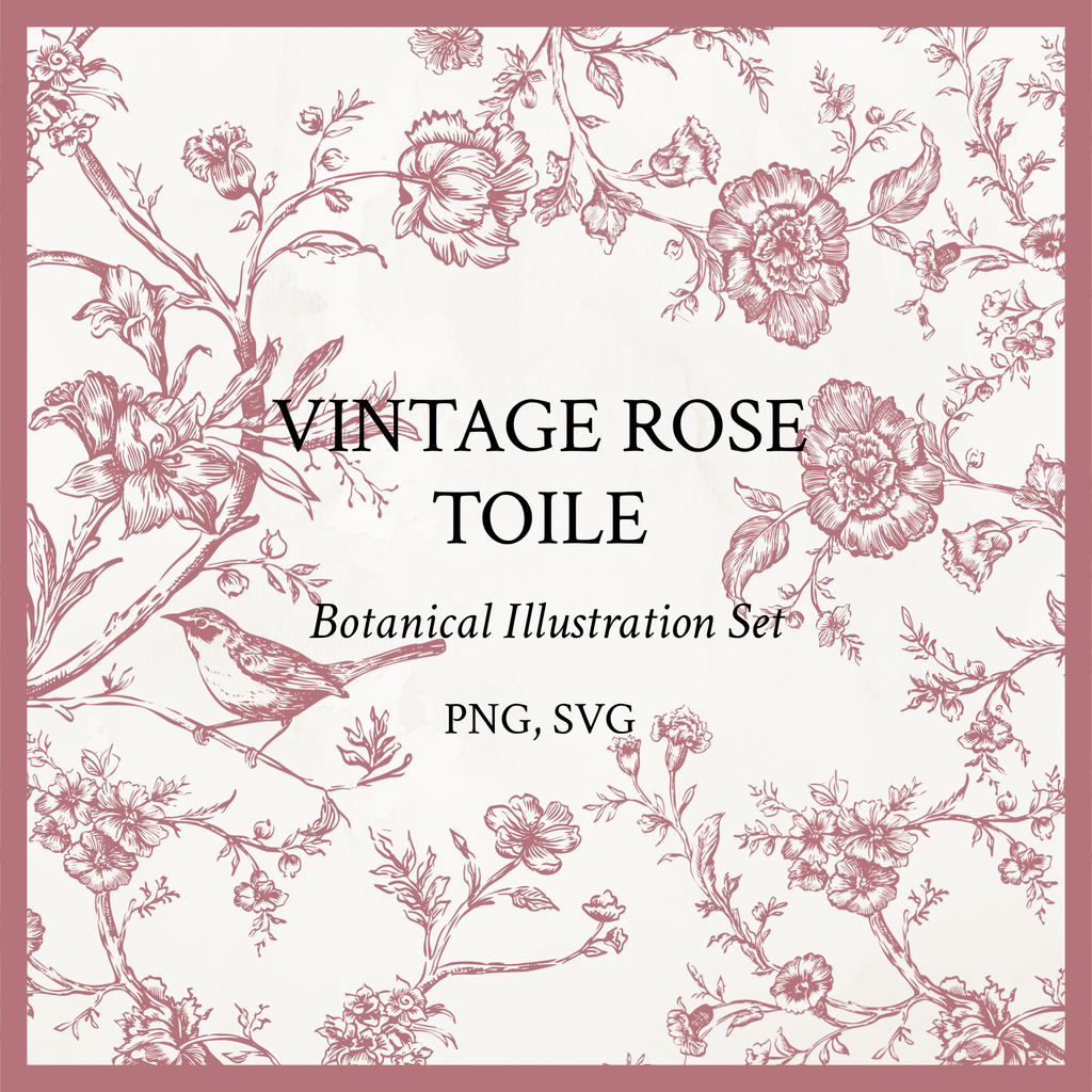 Rococo Affair Pink Toile Botanical Illustration Set PNG & SVG