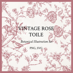 Rococo Affair Pink Toile Botanical Illustration Set PNG & SVG